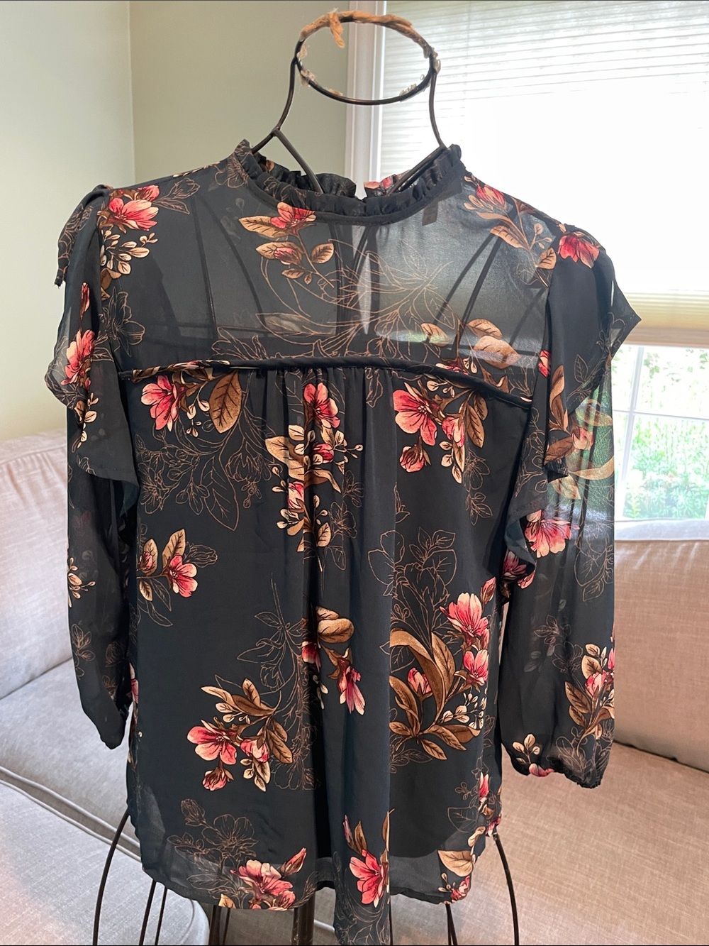 Monteau dark teal Sheer Floral Blouse with Ruffle Neck